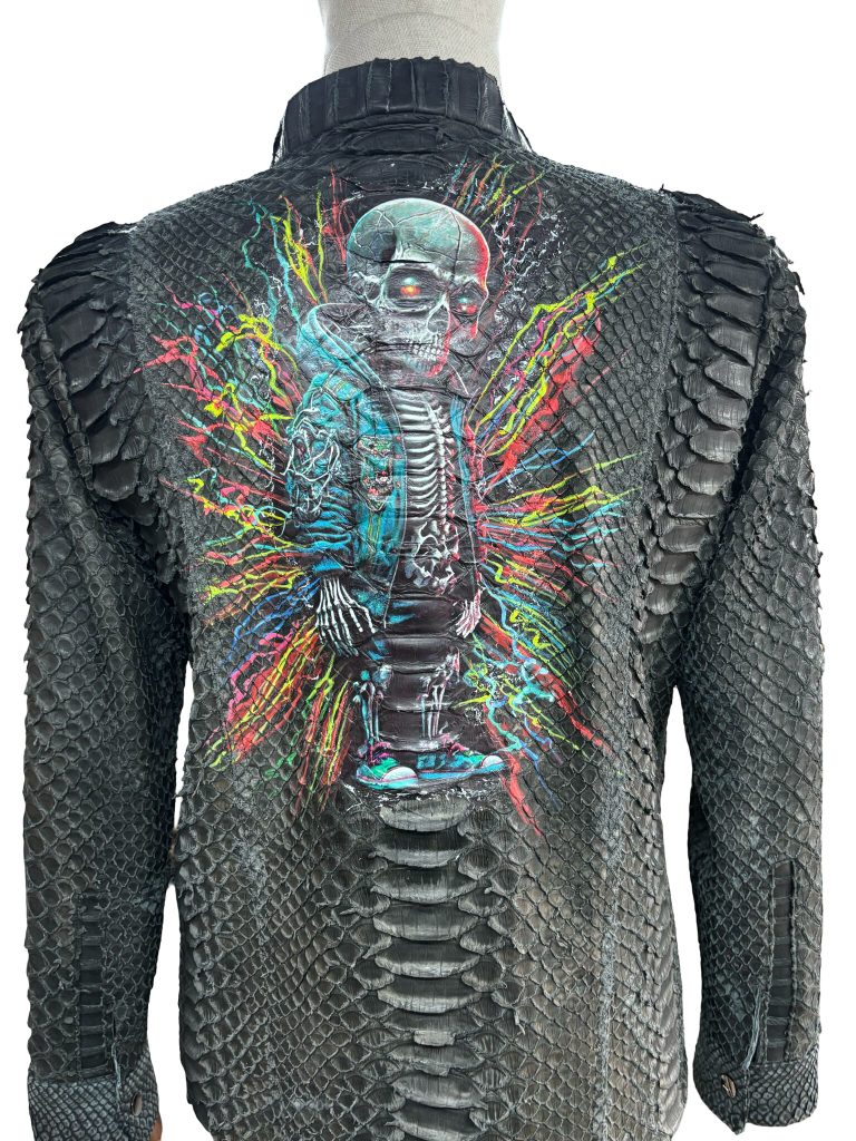 Women Python Leather Jacket PW109 black skeleton design 01