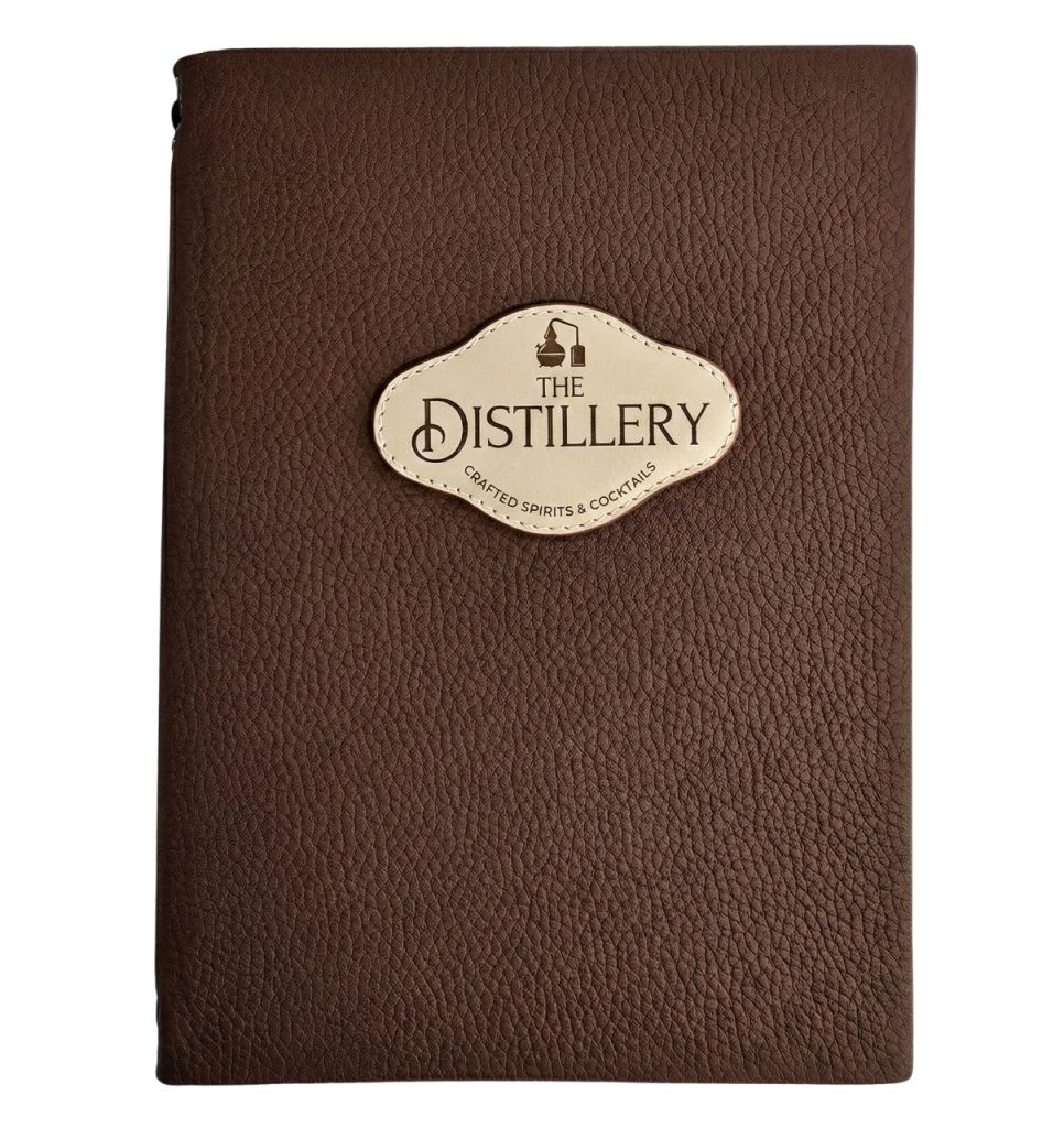 leather menu cover dark brown with logo