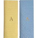 leather menu cover yellow blue