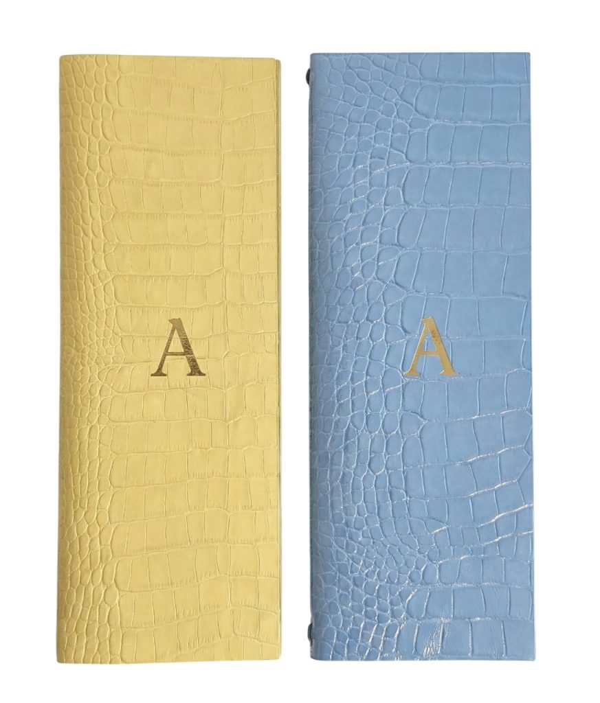 leather menu cover yellow blue